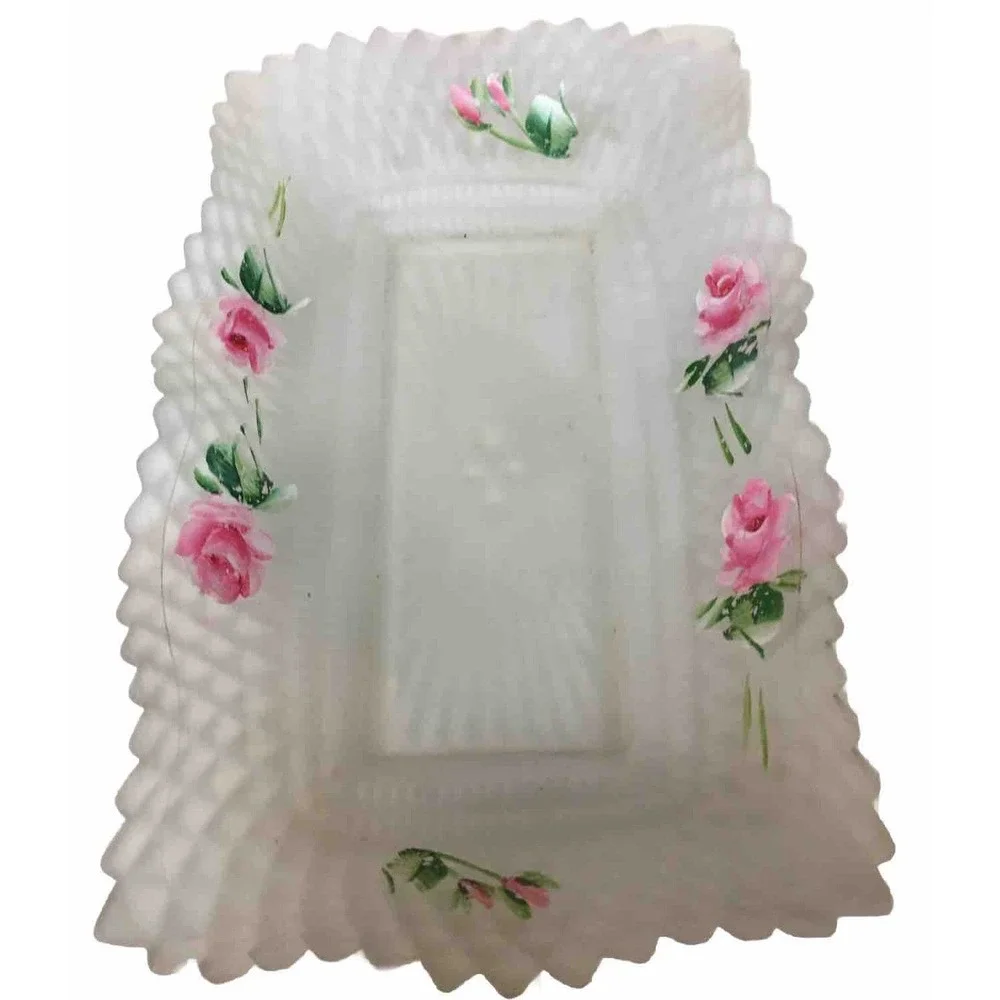 Vintage Pink Roses Frosted Satin Glass Candy Trinket Dish Shabby Chic Cottage